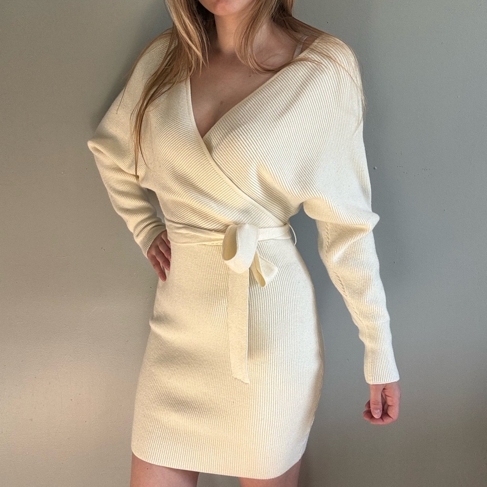 Zesica Cream Kit Wrap Front Tie Sweater Dress - Picture 5 of 8